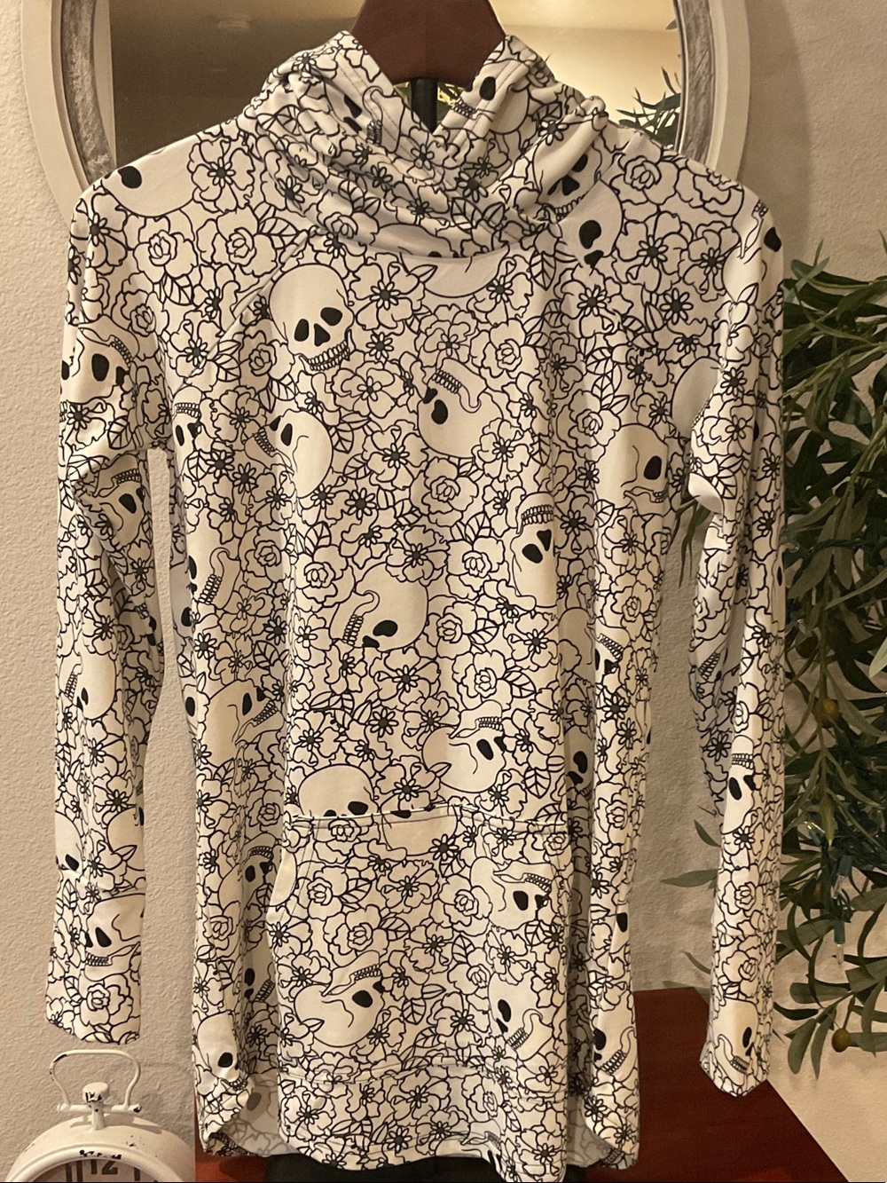 Women’s White Hooded Top with Black Skull & Floral Print